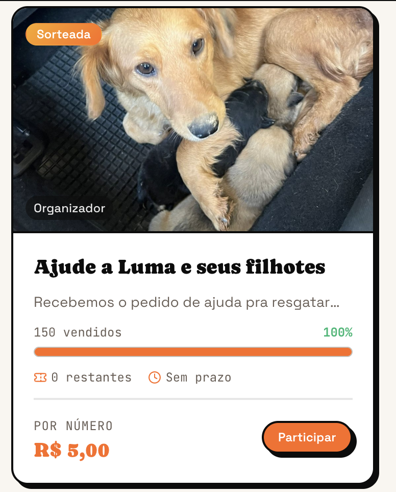 Exemplo de rifa beneficente no RifaNoPix — campanha para ajudar cãezinhos